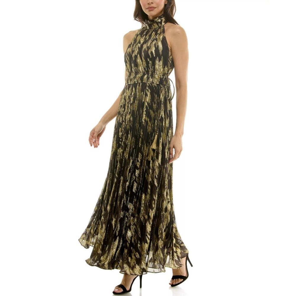 Taylor Women Black/Lurex Gold Sunburst Pleated Mock Neck Maxi Dress Size 4 - Picture 2 of 5
